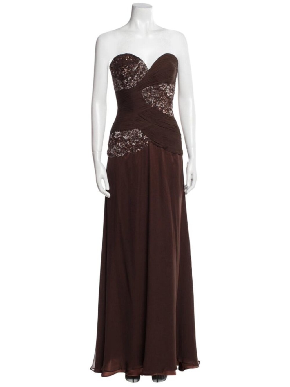 Jovani Strapless Beaded Ruched Chiffon Gown Brown 16 MSRP $700
